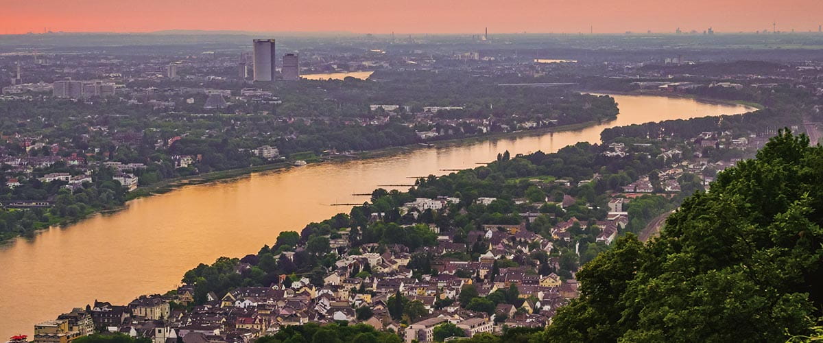 An aerial view over Bonn at sunset, Germany